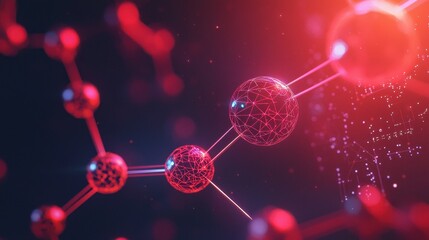 Abstract Visualization of Red Molecular Structures with Digital Network Connections and Glowing Points in a Vibrant Colorful Background