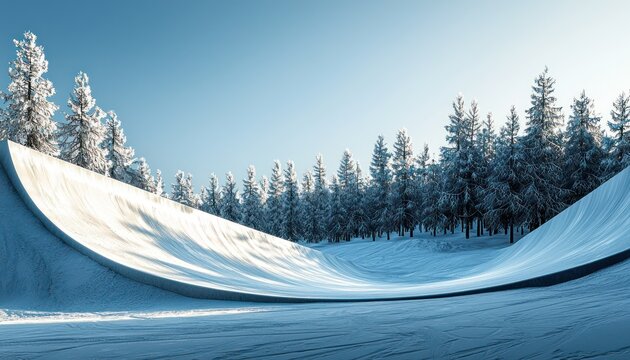 Vacant snowboarding half-pipe, sky clear and open.