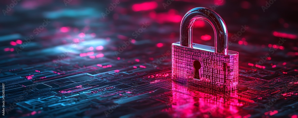 Poster 3D rendering of padlock with binary code on circuit surface, future technology and cyber security, white background with space for advertising, digital protection concept