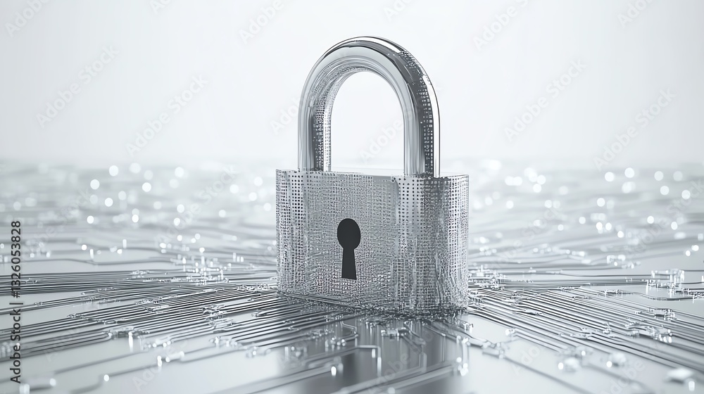 Poster 3d rendering of padlock with binary code on circuit surface, future technology and cyber security, w