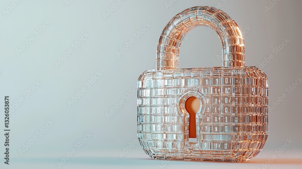 Poster 3D rendering of padlock with binary code on circuit surface, future technology and cyber security, white background with space for advertising, digital protection concept
