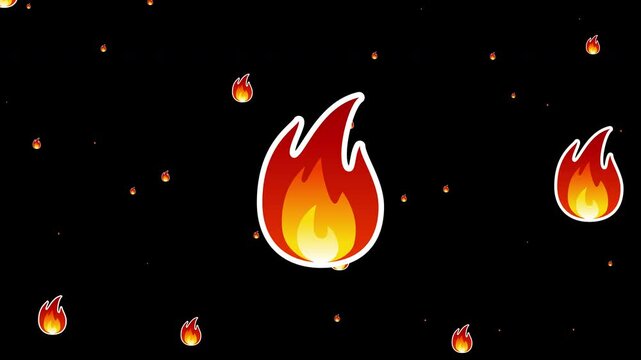 Transition of Fire Flame vector drawing filling the screen and disappearing. Fire Emoji flooding the screen. Concept of offers, sale, discount, hot sale, black Friday, cyber Monday. Alpha background.