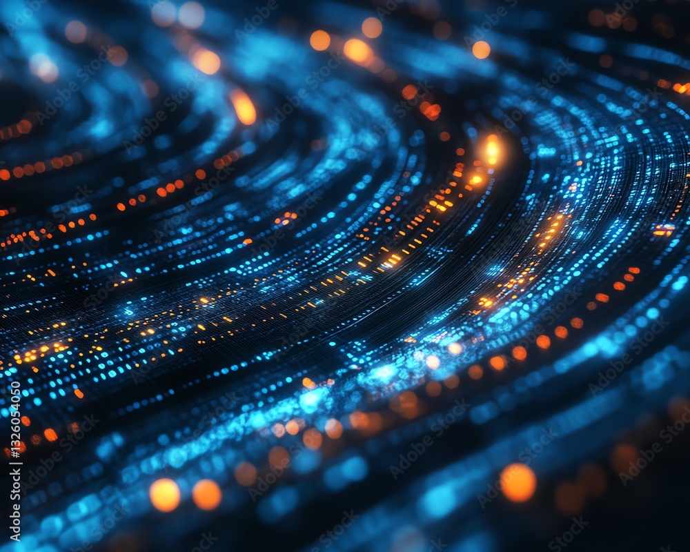 Poster abstract binary code on dark background, data analysis and transfer concept, 3d rendered, glowing ne
