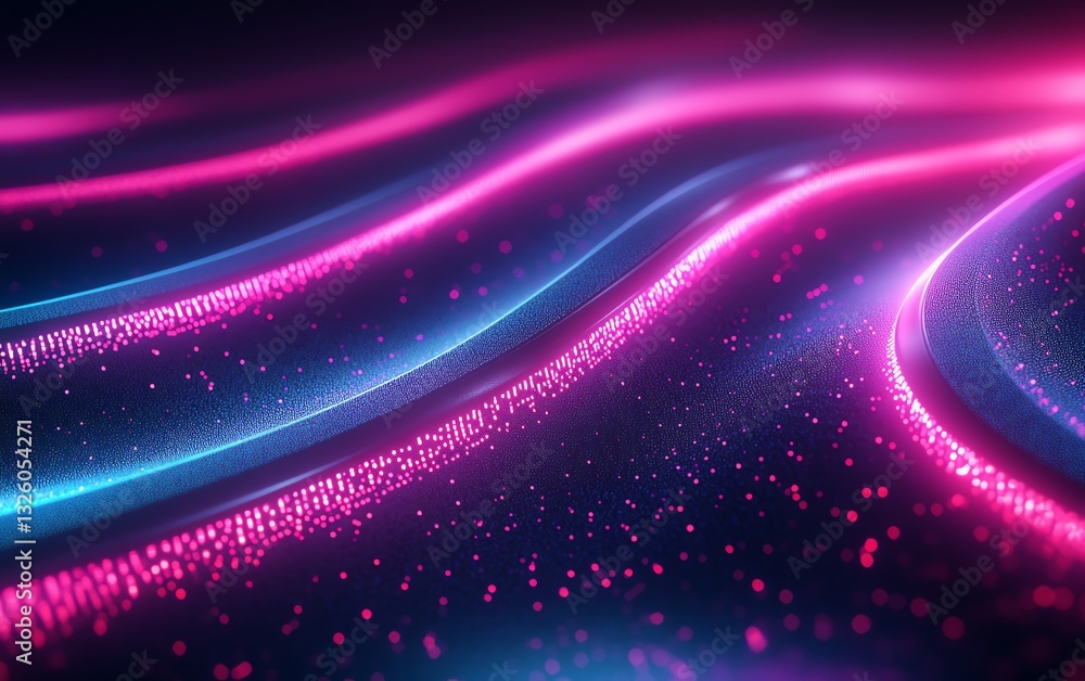 Poster abstract dark background with digital binary code, data transfer and analysis concept, glowing neon 