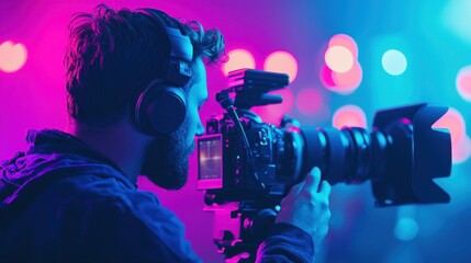 Photographer capturing vibrant images with a professional camera in a dynamic environment filled with colorful lights and artistic atmosphere