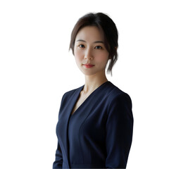 An Elegant Journalist’s Warm Smile in an 8K Studio Portrait with Soft Glow, Kimono Jacket, Transparent Background, and Balanced Navy-White-Silver Tones for Media Campaigns,