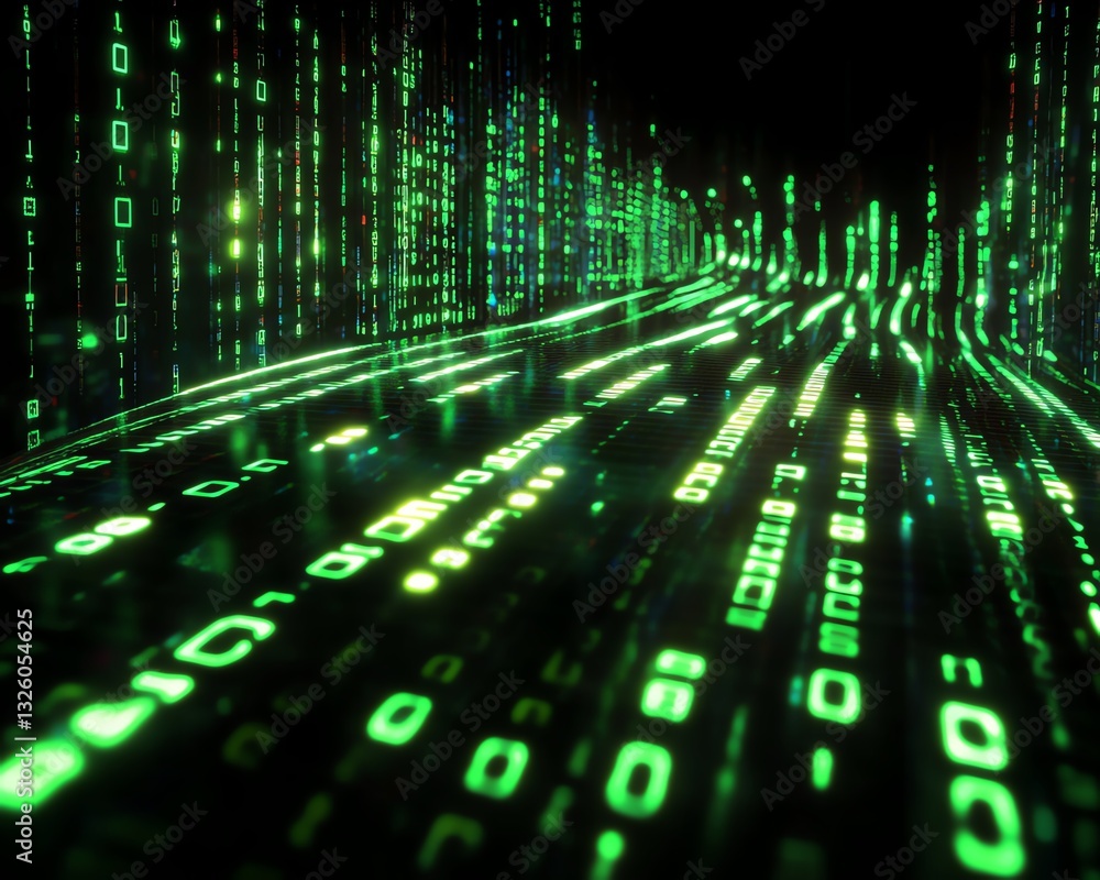 Poster dark abstract background with binary code flowing, data transfer and analysis concept, 3d rendered, 