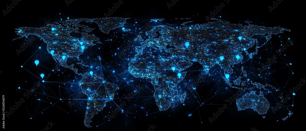 Poster digital world map globe with blue user icons and stats indicators, 3d rendering of global network an
