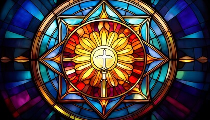 An elegant and intricate stained glass window showcasing the symbolic representation of the Eucharist, bathed in vibrant, colorful light. A masterpiece of religious art