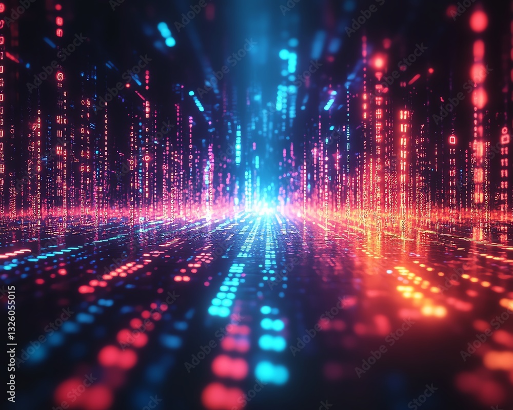 Poster futuristic dark background with glowing binary code, 3d rendering of data transfer, analysis concept