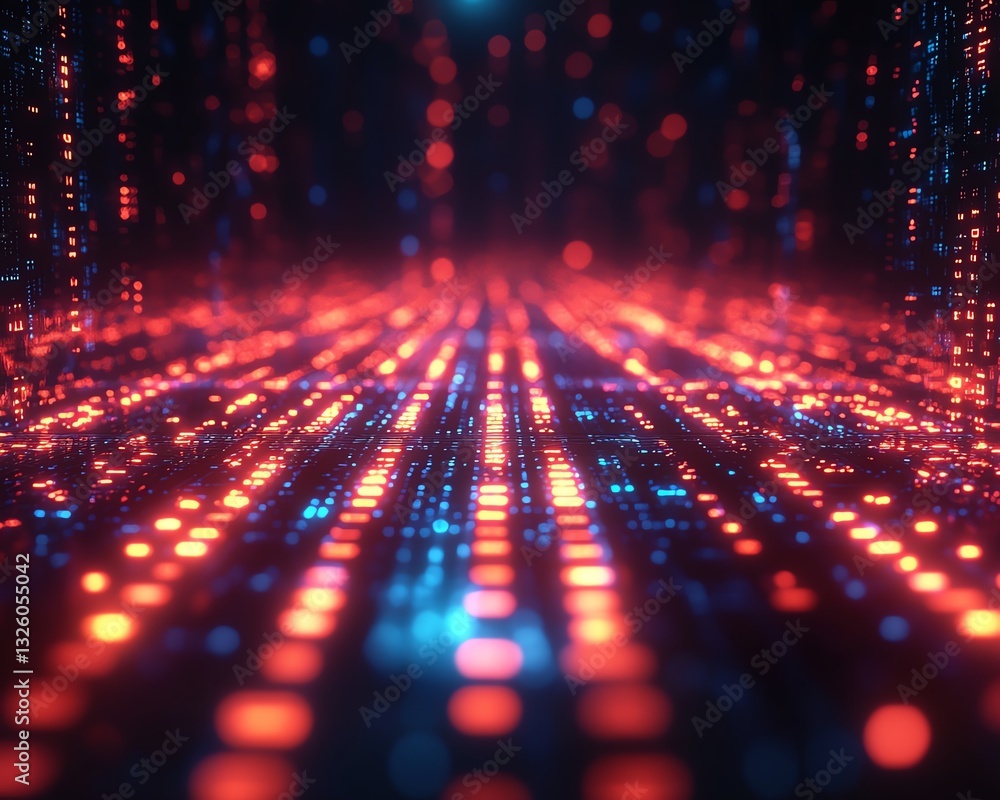 Poster futuristic dark background with glowing binary code, 3d rendering of data transfer, analysis concept