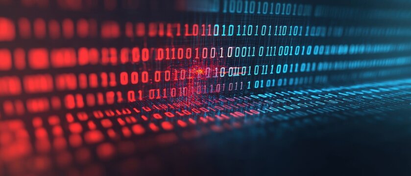 cyber attack encryption exploit, Abstract digital binary code in red and blue tones, creating a tech-inspired visual effect.