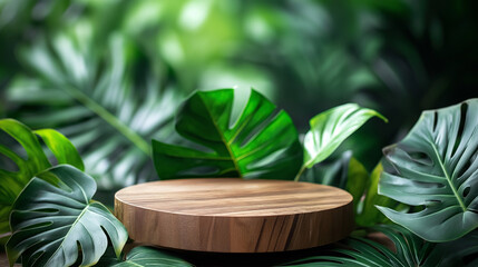 Obraz premium Wood podium table top blurred monstera green leaf plant nature background.Beauty cosmetic natural eco product modern display.jungle tropical forest concept. AI Generated Images