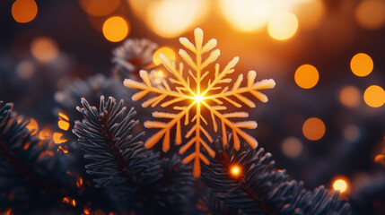Fototapeta premium Snowflake sparkling on evergreen branches with warm bokeh lights in a festive winter atmosphere