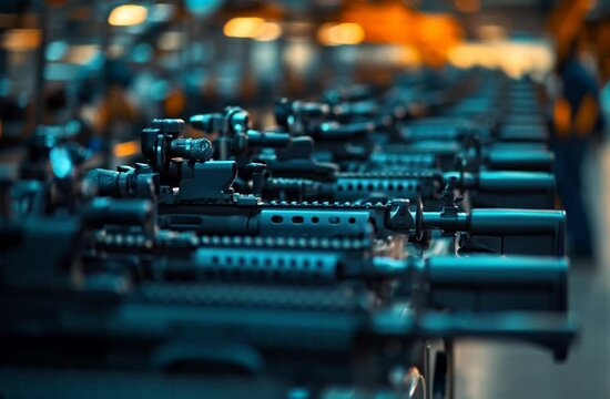 Close-Up of a Weapons Industry Assembly Line &ndash; High-Tech Manufacturing Process of Firearms, Military Equipment, and Defense Technology Production