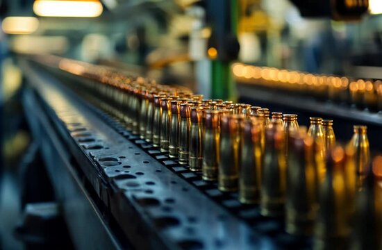 Close-Up of a Weapons Industry Assembly Line &ndash; High-Tech Manufacturing Process of Firearms, Military Equipment, and Defense Technology Production