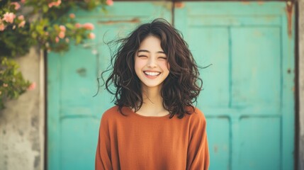 Fototapeta premium Joyful young woman smiling brightly against a turquoise backdrop adorned with flowers, showcasing natural beauty and cheerful expression in urban setting