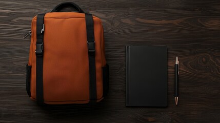 Brown Backpack with Black Phone on Rustic Wooden Table Setting