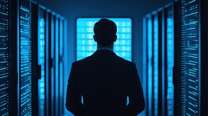 cyber attack encryption exploit, A silhouette of a person in a suit stands in front of glowing server racks, symbolizing technology and data management.
