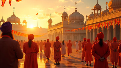 A beautifully decorated Gurudwara on Baisakhi, with devotees offering prayers and participating in the Langar (community meal). The golden sunlight enhances the peaceful and spiritual atmosphere
