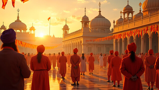A beautifully decorated Gurudwara on Baisakhi, with devotees offering prayers and participating in the Langar (community meal). The golden sunlight enhances the peaceful and spiritual atmosphere