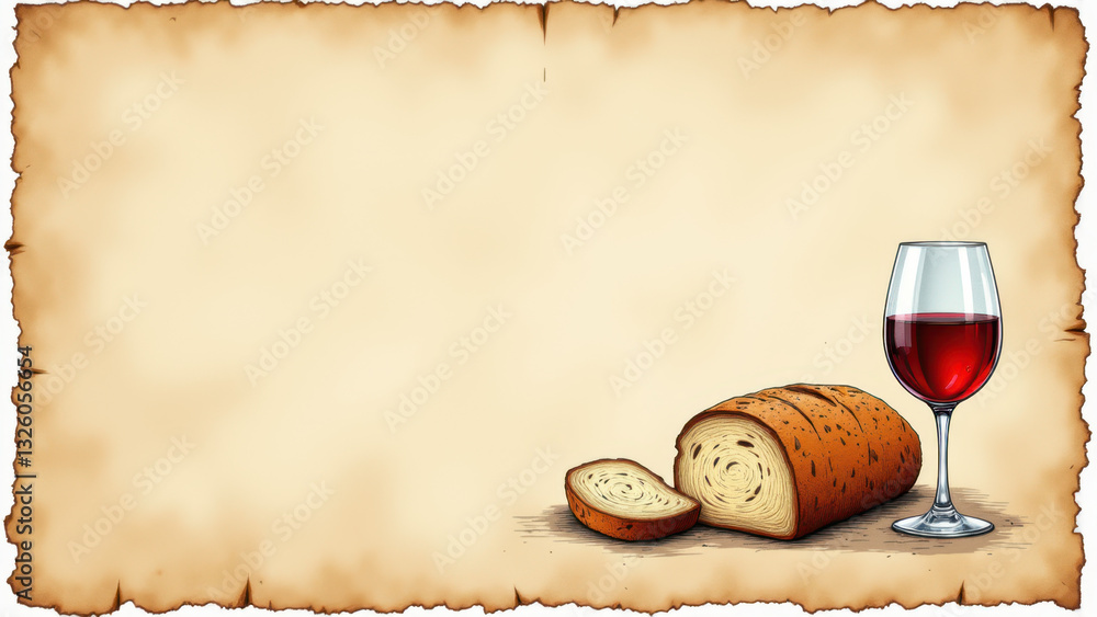 Poster illustration featuring a christian communion setting with wine and bread on a scroll backdrop.