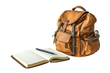 Brown backpack with open notebook and pen on table