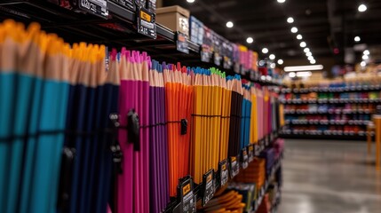 Vibrant Array of Colored Pencils Displayed in a Bright Store Setting