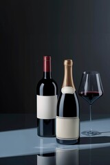 Elegant Display of Wine Bottles and Glasses on a Reflective Surface: Wine List Template, Restaurant Menu, Premium Brand Advertisements, Poster Mockup, Copy Space Background.