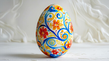 An Easter egg with a bright ornament stands on a white background. Its intricate patterns in blue, red and yellow shades create the impression of traditional art.