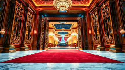 The image conveys the solemnity of the entrance to a luxurious casino with a red carpet. Gilded doors lead into a spacious hall filled with the light of crystal chandeliers and exquisite details.