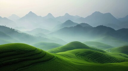 Fototapeta premium Serene Landscape of Lush Green Hills and Majestic Mountains Under a Soft Misty Sky at Dawn in Vibrant Nature Scene