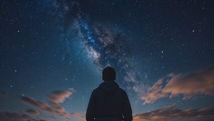 Person looking at the Milky Way from behind with a contemplative mood, symbolizing wonder and connection with the cosmos under a starry night sky