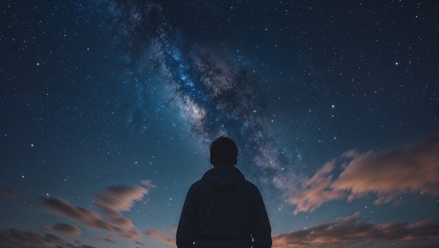 Person looking at the Milky Way from behind with a contemplative mood, symbolizing wonder and connection with the cosmos under a starry night sky