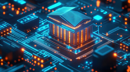 Fototapeta premium Digital bank building on a circuit board, a technology background with glowing elements