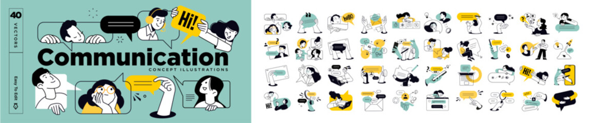 Communication concept illustrations. Set of people vector illustrations in various activities of social media, networking, support, community, chatting, online communication, app and services, rating 