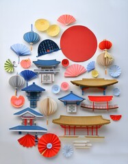 illustration showing various traditional elements of Korean culture on a white background 