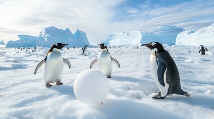 Obraz premium Adorable Penguins Playing with a Snowball on Icy Landscape