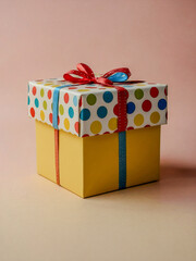 Colorful gift box with polka dots on a yellow background.