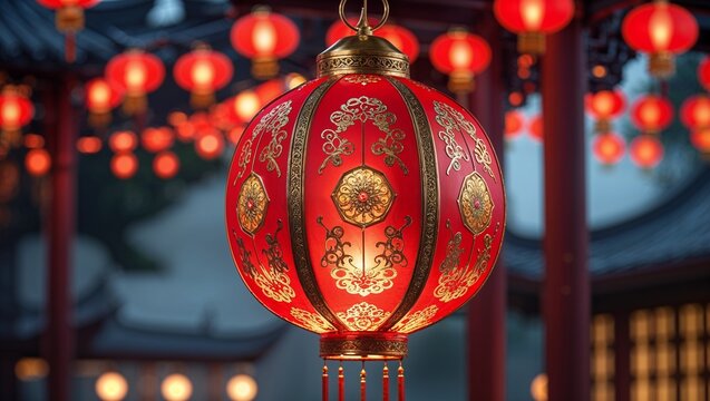 Chinese red lantern with intricate patterns, symbolizing tradition and cultural elegance in a vibrant, decorative setting