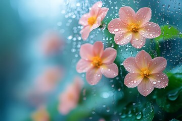 Soft-focus rain-covered window with pastel flowers behind glass, featuring delicate water droplets and a dreamy, blurred aesthetic.