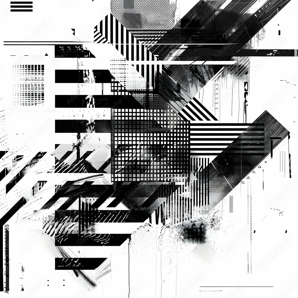 Poster a high-energy abstract digital artwork with sharp black and white fragmented shapes, creating a sens