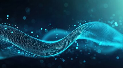 Abstract blue digital wave with glowing particles creating depth and movement in a dark background, ideal for technology and innovation themes