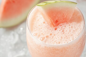 Fototapeta premium Refreshing Watermelon Drink Served in a Clear Glass on Ice With a Slice of Melon by Its Side