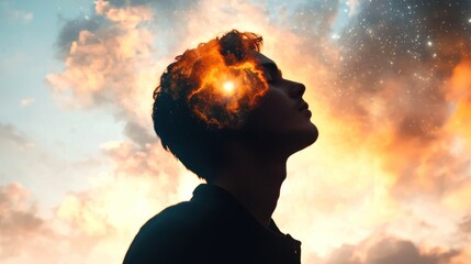 Man Contemplating Cosmic Dreams with Colorful Cloud Background