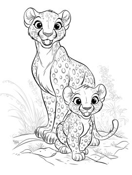 Hand drawn illustration of leopard and her cub. Black and white savannah animals, kids animals to color, png graphic resource with transparent background