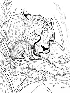 Hand drawn illustration of leopard and her cub. Black and white savannah animals, kids animals to color, png graphic resource with transparent background