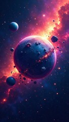 Dramatic illustration of a planet shattering into pieces amidst colorful nebulae and bright stars, universe, astronomy, cataclysm