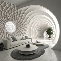 Fototapeta premium Serene White Minimalist Living Room Design Featuring A Mesmerizing Swirling Wall Art, Creating A Calming Futuristic Atmosphere With Soft Lighting And Plush Rug