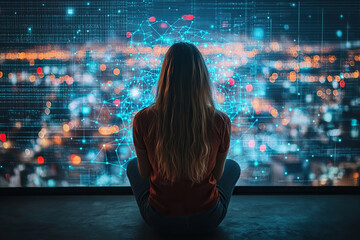 Back view of caucasian woman connecting to animated stream of social media content. Visualization of browsing a big data metaverse with viral videos, social media profiles and online communities.